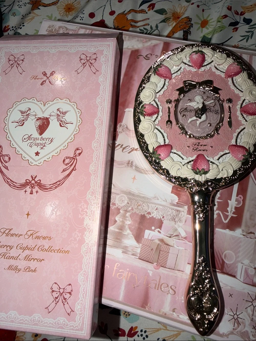 Strawberry Cupid Pink Decorative Hand Mirror by Flower Knows
